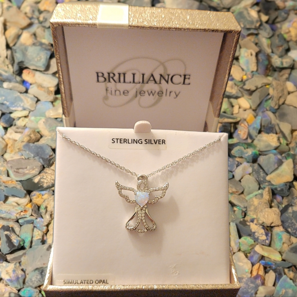 Firm On Pricenwt Opal & Cz Angel Pendant Sterling Silver Necklace